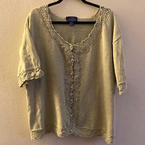 Willow Ridge sage green sweater with crotched details